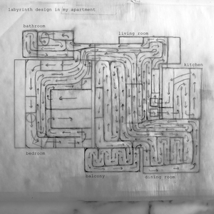 drawing of the labyrinth the artist created to cover every mountable surface in her apartment, as seen from above