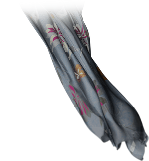 A close-up of the lower portion of a 3D rendered blue curtain with pink and orange flowers surrounded by faded green leaves.